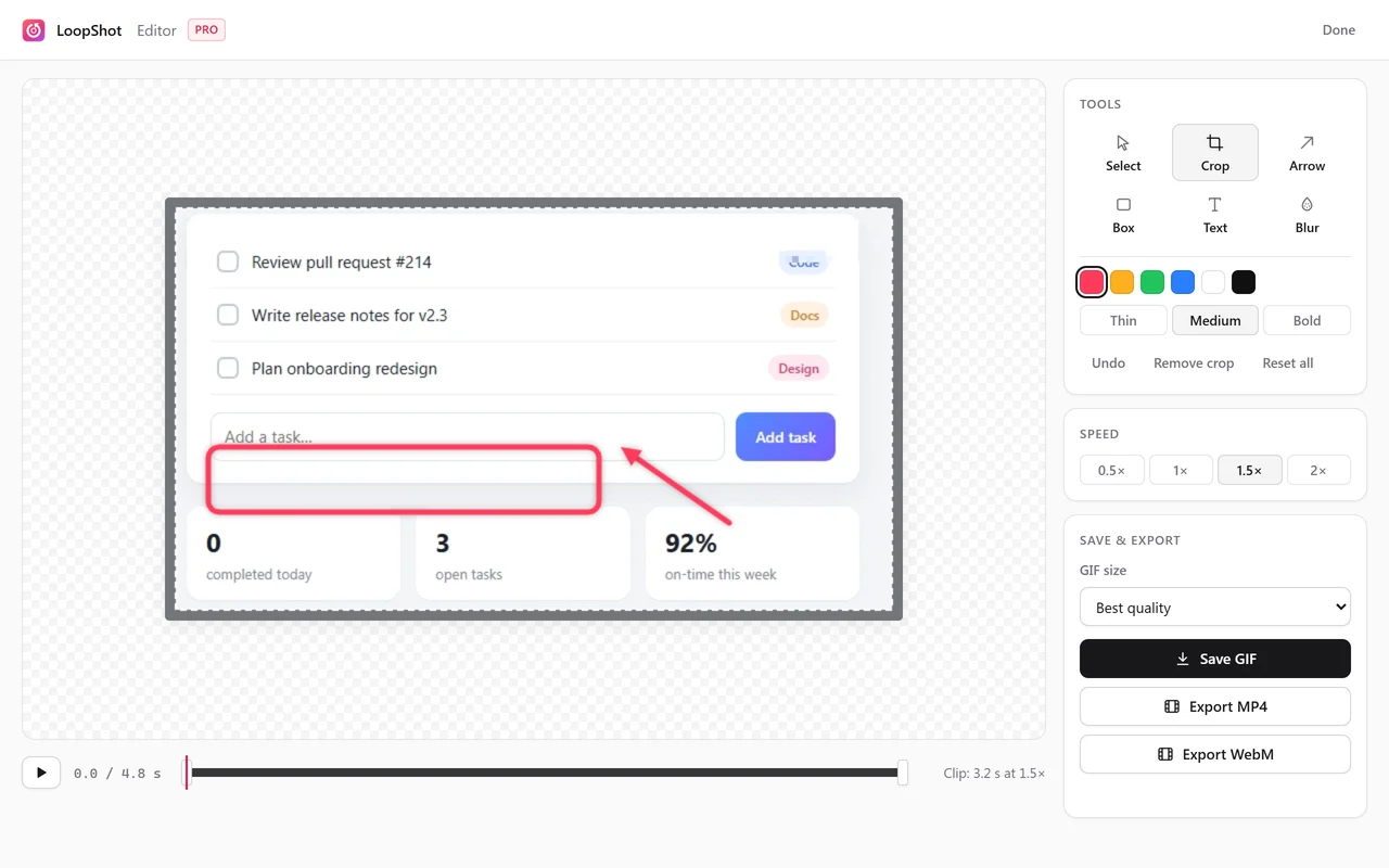 LoopShot recording an area of a web page